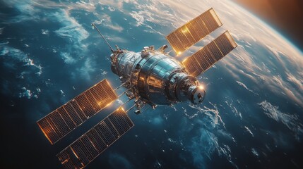 Poster - This satellite orbits Earth, equipped with solar panels and advanced technology. It plays a crucial role in transmitting telemetry and GPS signals essential for tracking global positions.