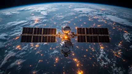 Poster - A satellite orbits Earth, utilizing advanced technology to transmit telemetry and GNSS signals for global positioning and signal tracking around the planet.