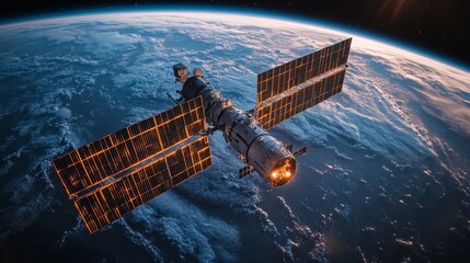Poster - A detailed view of a spacecraft orbiting Earth, equipped with solar panels for energy. It engages in telemetry and tracking activities, facilitating global navigation.