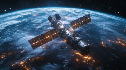 Poster - The satellite orbits Earth, utilizing solar panels for power and transmitting vital telemetry data. It operates in low Earth orbit as part of a larger constellation.