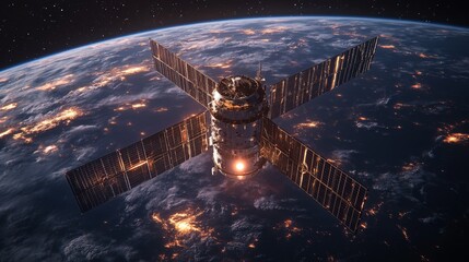 Poster - A sophisticated satellite hovers above Earth in low Earth orbit, equipped with solar panels for energy.