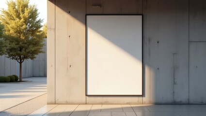 Aufkleber - a blank poster hanging on a concrete wall in a modern building, with the sunlight casting shadows on the scene