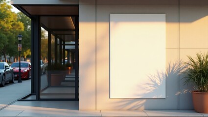 Poster - a blank poster on a modern building facade with sunlight casting shadows and street view