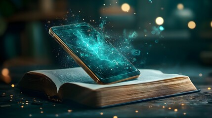 Poster - Conceptual image of a futuristic smartphone with transparent displays and augmented reality interfaces floating above the pages of an open book