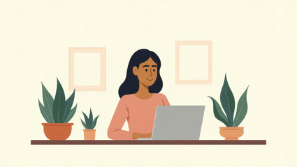 Fototapete - a woman working on a laptop at home, surrounded by plants. She appears relaxed and focused