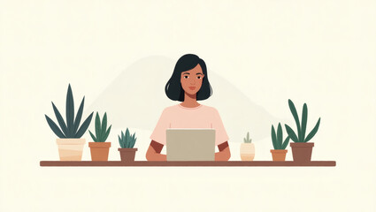 Fototapete - a woman working on a laptop surrounded by houseplants. The woman is smiling and has a pleasant expression. The scene evokes feelings of relaxation and productivity