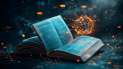 Poster - glowing neural network forming within the pages of an open book symbolizing the power of intelligenc
