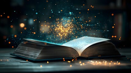 Poster - Glowing neural network formation emanating from an open book representing the intersection of knowledge technology and intelligence