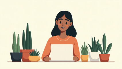 Fototapete - a cheerful woman is working on a laptop surrounded by several potted plants