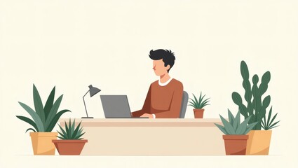 Aufkleber - a person working at a desk with a laptop surrounded by several potted plants, creating a serene and productive workspace.