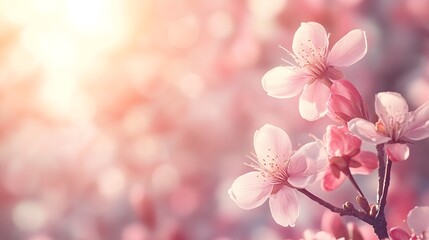 Aufkleber - Blooming pink cherry blossom flowers on branch in spring with sun flare