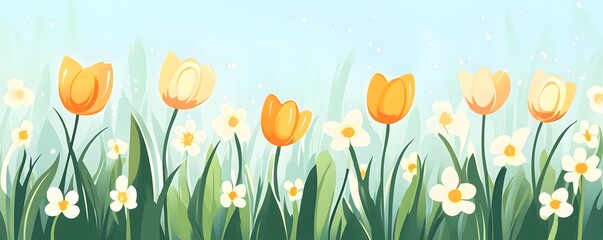 Poster - Orange tulips and white daffodils blooming in spring meadow