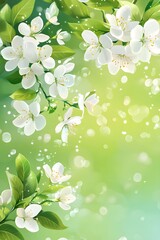 Aufkleber - White flowers blooming on branches with green leaves on blurred green background