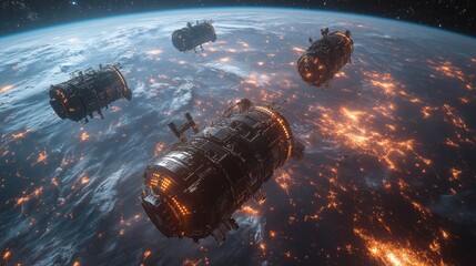 Aufkleber - Three spacecraft operate in low Earth orbit, transmitting crucial telemetry data for enhanced broadband connectivity across the globe. The illuminated structures indicate active functions.