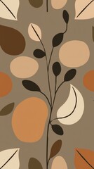 Poster - a modern, seamless pattern with an abstract floral design, featuring stylized leaves and organic shapes, in shades of brown and beige. 
