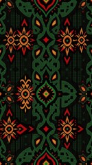 Aufkleber - a seamless pattern with green, red, and orange geometric shapes. The design is intricate and vibrant, perfect for textiles and backgrounds