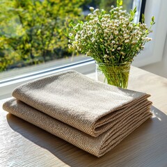 Poster - Natural fiber napkins beside fresh flowers home decor textiles bright indoor setting angled view aesthetic arrangement