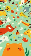 Poster - whimsical illustration of various animals in a joyful composition. the colorful design includes various animals such as giraffe, bear and others 