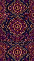 Poster - an eye-catching ornamental seamless pattern featuring intricate floral and paisley motifs in a rich color palette