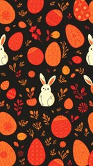 Poster - Easter themed illustration with eggs and a cute bunny rabbit scattered on a dark background