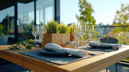 Poster - Elegant flax linen napkins arranged on a dining table bright natural setting high-quality photography low angle view textural focus
