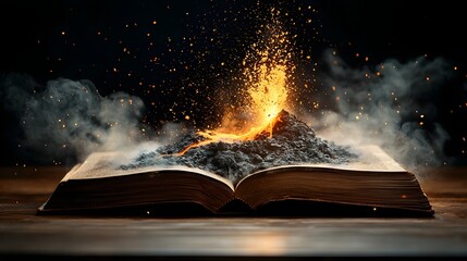Poster - Dramatic volcanic eruption bursting forth from the pages of an open book showcasing the powerful and dynamic geological forces that shape our planet