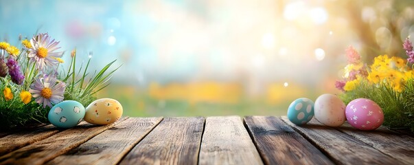 Poster - Easter eggs and spring flowers decorating a rustic wooden table