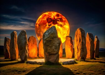 Poster - Dramatic Stone Circle Silhouette: Orange & White Orb Against Black Background