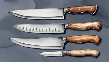 Collection of Four High Quality Kitchen Knives with Wooden Handles Professional Chef s Tools