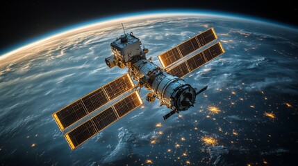 Aufkleber - A detailed view of a satellite in orbit around Earth, showcasing solar panels and active instrumentation. This spacecraft transmits telemetry and GPS signals for precise positioning.