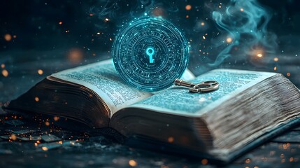 Poster - Holographic Key and Lock Mechanism Appearing on an Open Book Symbolizing the Concept of Digital Encryption and Cybersecurity