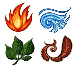 Poster - Stylized depictions of the four classical elements fire, water, earth, and air.  Pixel art style, vibrant colors.