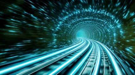 Poster - Futuristic train speeding through a glowing blue particle tunnel. Glowing rails, dark background, abstract digital art.