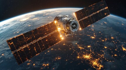 Aufkleber - A satellite equipped with solar panels orbits Earth, actively sending telemetry data for GPS and tracking systems. The view highlights illuminated cities below.