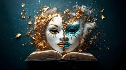 Poster - An open book becomes a stage where vibrant theatrical masks and abstract paintings come alive showcasing the power of creativity to transform the ordinary into the extraordinary