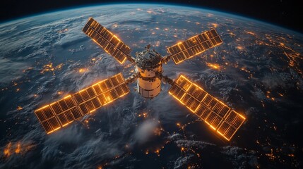 Aufkleber - A satellite orbits Earth, utilizing its solar panels to harness energy. It transmits telemetry and GPS signals, supporting global positioning activities during dusk.