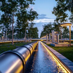 Poster - Condensate management action in industrial pipeline side angle shot bright fluorescent lighting optimizing efficiency