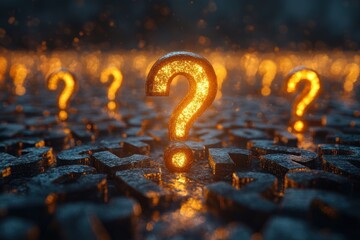 Poster - Illuminated Question Mark in a Grid of Questions 3D Render