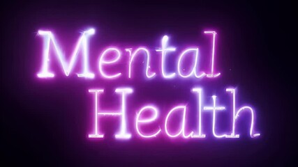 Wall Mural - neon sign-style 'Mental Health' text glowing in purple and pink
