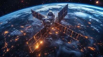 Aufkleber - A spacecraft orbits Earth at night, with solar panels illuminated by city lights below. It transmits telemetry and GPS signals for global navigation and tracking systems.