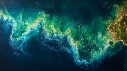 Aufkleber - A detailed view of vibrant oceanic patterns captured from space, highlighting the interaction of water, land, and biological activity along the coastline. Telemetry data aids in ecological research.