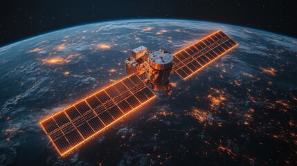Aufkleber - A satellite equipped with solar panels orbits the Earth, transmitting telemetry and broadband signals. Its illuminated design highlights urban areas below, showcasing advanced technology.