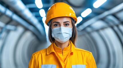 Poster - A construction worker in a safety helmet and mask stands confidently in a tunnel, highlighting safety and professionalism in the industry.
