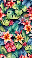 Poster - colorful floral arrangement with tropical leaves and vibrant flowers, a seamless pattern. The image bursts with life, featuring bright blooms and lush foliage