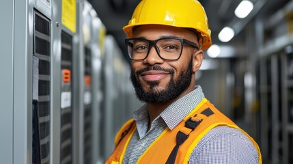 Poster - a smiling worker in safety gear stands near electrical equipment, showcasing professionalism and a c