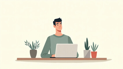 Poster - a man working on a laptop at a desk with potted plants. The scene depicts a work-from-home setting or office environment. 