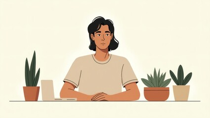 Poster - a woman sitting at desk with plants