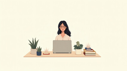 Fototapete - a woman working diligently on her laptop, surrounded by plants and books on her desk. The scene suggests a cozy and productive workspace.
