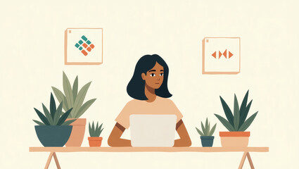 Poster - a woman working on a laptop with plants and artwork in her home office