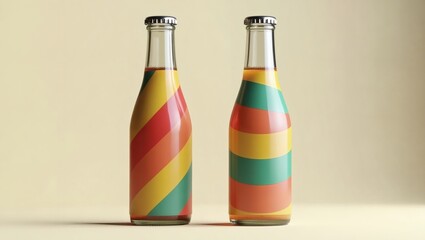 Aufkleber - two colorful bottles stand side by side against a plain background. The bottles feature bright, striped labels, holding a beverage with a light hue